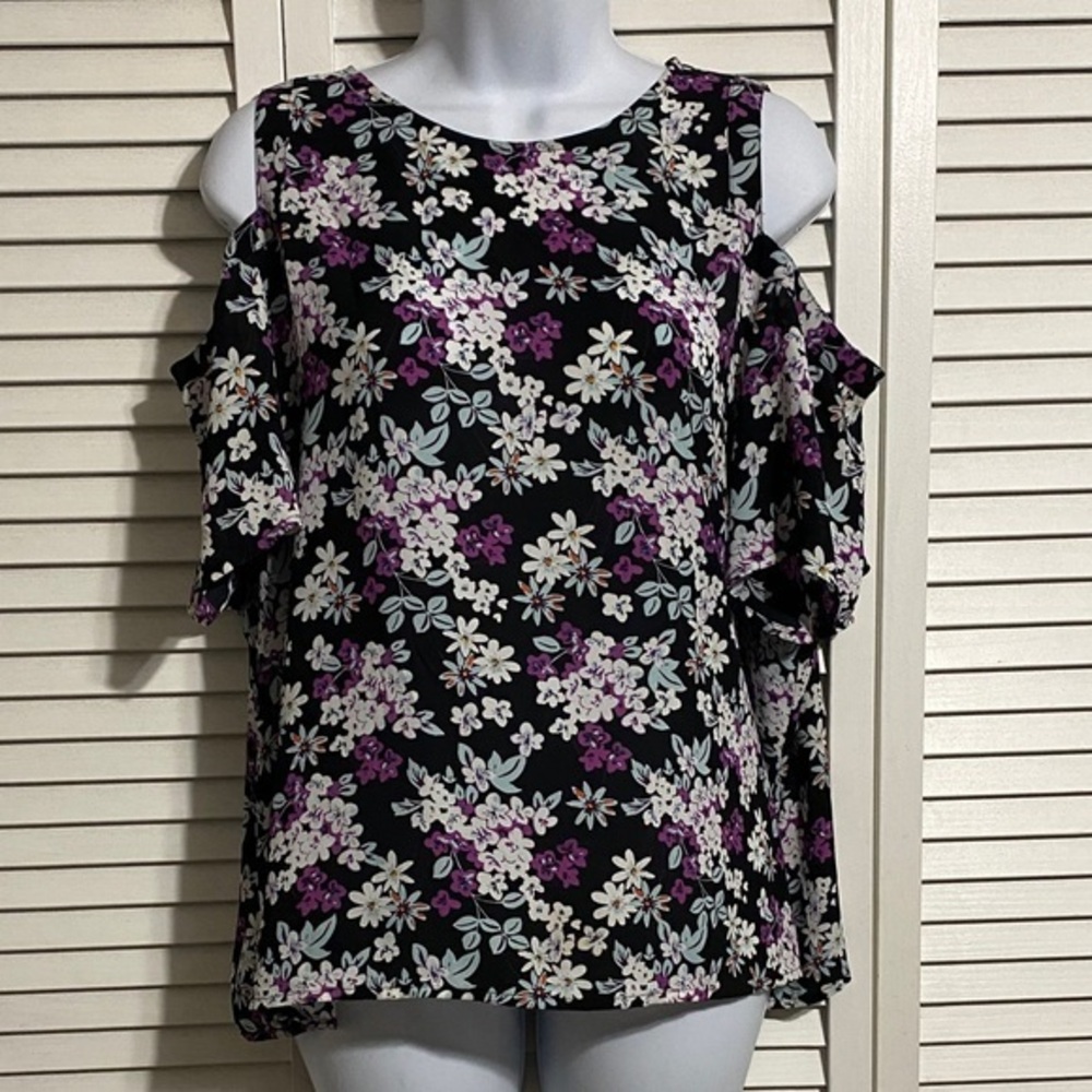 Express Black and Purple Floral Cold Shoulder Top